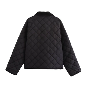 Women's black quilted jacket with diamond patterns and ribbed collar, back view