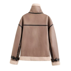 Back view of a brown faux suede sherpa-lined jacket with black leather trim and buckles