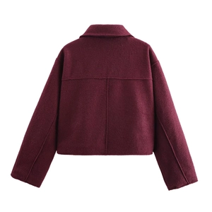 Rear view of burgundy wool blend cropped jacket with decorative stitching and lapel collar