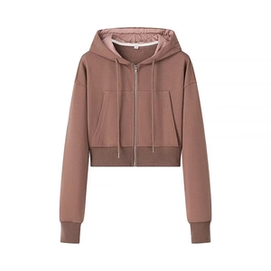 Felpa con cappuccio cropped da donna rosa antico con zip integrale e tasche frontali