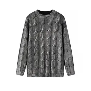Women Metallic Silver Cable Knit Sweater Fashion Crew Neck Long Sleeve Streetwear Pullover Elegant Warm Winter Top