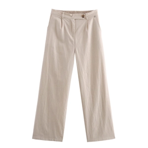 Detail view of light beige linen wide-leg trousers with front pleats and button closure