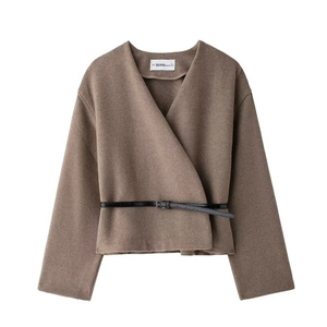 Women's V-neck wrap coat in taupe brown with adjustable black faux leather belt