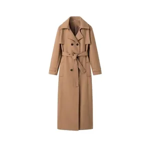 Women's Elegant Long Woolen Coat With Belt Double Breasted Notched Lapel Solid Color Khaki Trench Coat Autumn Winter Outerwear