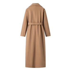 Classic camel wool long coat for women with waist belt and wide lapels, rear view