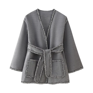 Women grey mid-length wool coat with tweed trim and matching waist belt, flat lay view
