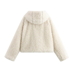 Rear view of cream faux fur hooded coat showing soft plush texture and short loose fit