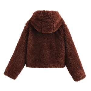Detailed back view of a dark brown faux fur hooded coat with soft teddy texture