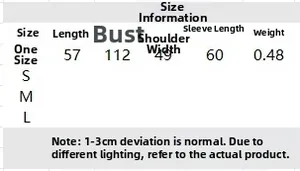 Detailed size chart for oversized women's color-block cardigan with length and bust data