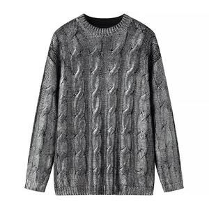 Men's crew neck long sleeve sweater with cable knit texture in black and gray mixed tones