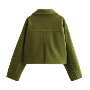 Back view of a cropped moss green wool jacket with a center seam and drop shoulders