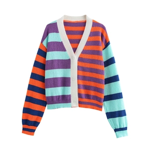 Detail view of the colorful striped knit cardigan with V-neck and white button closure