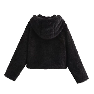 Back view of a black faux fur hooded jacket with soft texture and premium warmth