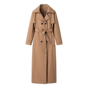 Classic camel double-breasted long wool coat with notched lapels and waist tie belt