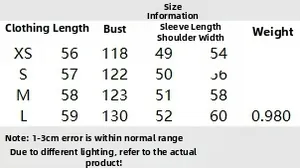 Size chart showing chest and length for women's shearling jacket in various sizes