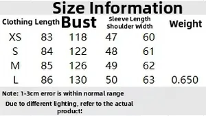 Detailed size guide table for women loose contrast stitch wool jacket showing measurements