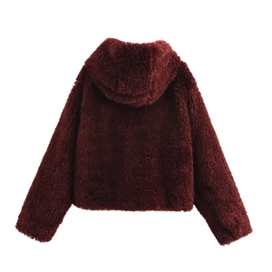 Back view of deep red hooded faux fur coat showing plush texture and premium craftsmanship