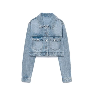 Short cropped light blue denim jacket with long sleeves and dual chest pockets