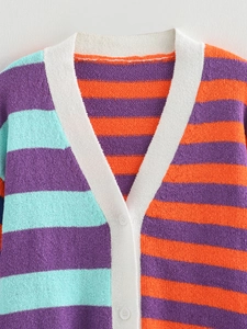 Close-up of V-neck knitted cardigan showing colorful stripes and white round buttons
