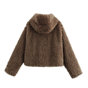 Rear view of a dark brown teddy faux fur hooded jacket with thick fleece texture