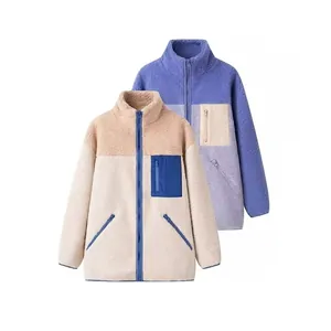 Women Streetwear Color Block Sherpa Fleece Jacket Stand Collar Patchwork Zipper Top Warm Casual Faux Lamb Wool Outwear Coat