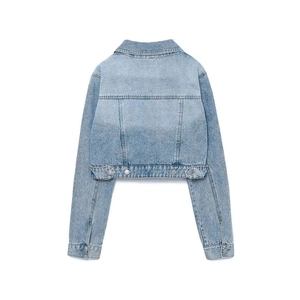 Short light blue denim jacket with vintage wash and metal adjustment buckles back view