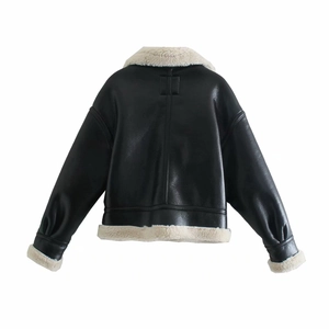 Back view of black faux leather jacket with contrast white shearling trim and collar