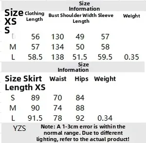 Detailed size guide table for women plaid jacquard knit sweater and skirt set clothing