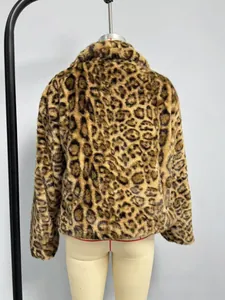 Detailed back view showing the plush texture of a leopard print faux fur coat