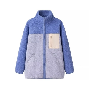 Chic color-block fleece jacket with stand collar and zipper pocket in blue and lavender