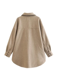 Detail view of khaki wool-blend shacket back with contrast stitching and curved hem
