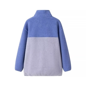 Women street fashion lavender patchwork sherpa fleece jacket with stand collar back view