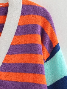 Close-up of color-block striped knit cardigan featuring textured knit and V-neck detail