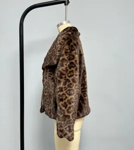 Detailed side view of a faux leopard fur cropped jacket featuring a large lapel collar