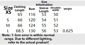 Detailed size chart for loose fit stand collar cardigan showing XS to L measurements