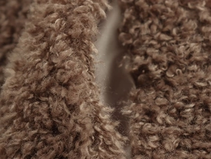 Macro detail of high-quality brown teddy fleece fabric on faux fur winter coat