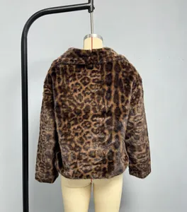 Rear view of faux leopard fur jacket on mannequin showing plush texture and print