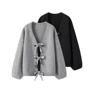 Women Autumn Winter Sequin Bowknot Knit Cardigan V Neck Long Sleeve Sweater Casual Elegant Loose Knitwear Open Front Outerwear