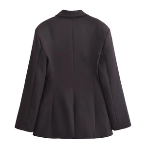 Detailed back view of women's slim fit long sleeve blazer in premium dark woven fabric