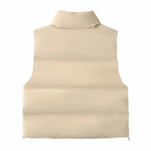 Beige quilted stand collar vest jacket for women featuring adjustable drawstring hem back view