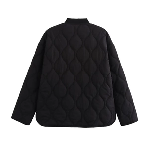 Back view of black quilted jacket with onion pattern and ribbed collar detail