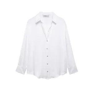 Chemisier en Satin à Manches Longues pour Femmes Élégant Col Polo Chemise à Boutons Couleur Unie Haut Décontracté