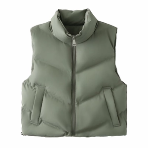 Women's sage green stand collar puffer vest with horizontal quilting and zipper