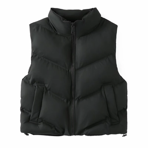 Women's black stand-collar padded vest with V-shaped quilting and adjustable drawstring hem