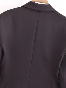 Close-up detail of the back seams and tailored shoulder of this black slim fit blazer