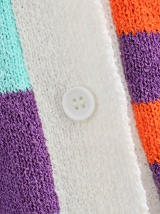 Detailed macro view of multi-color striped knit fabric and white button detail