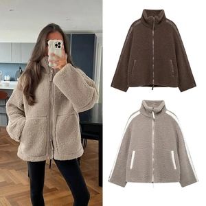 Women Sherpa Fleece Jacket Stand Collar Double Zipper Warm Winter Casual Streetwear Long Sleeve Coat Outerwear