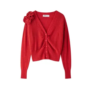 Cardigan in Maglia Rossa con Scollo a V da Donna Stile Streetwear Maglione con Bottoni Manica Lunga con Decorazione Floreale 3D