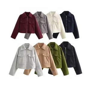 Women Casual Short Woolen Jacket Zipper Pocket Lapel Long Sleeve Outwear Fall Winter Solid Color Streetwear Fashion Coat