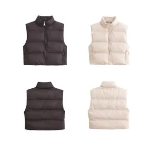 Women Casual Stand Collar Padded Vest Sleeveless Puffer Jacket Zip Up Quilted Waistcoat Solid Color Winter Outerwear